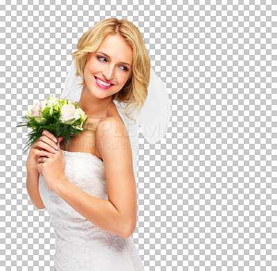 Buy stock photo Wedding, smile and fashion with woman and flowers on png for beauty, marriage and celebration. Happy, love and roses with bride isolated on transparent background for makeup, cosmetics and event