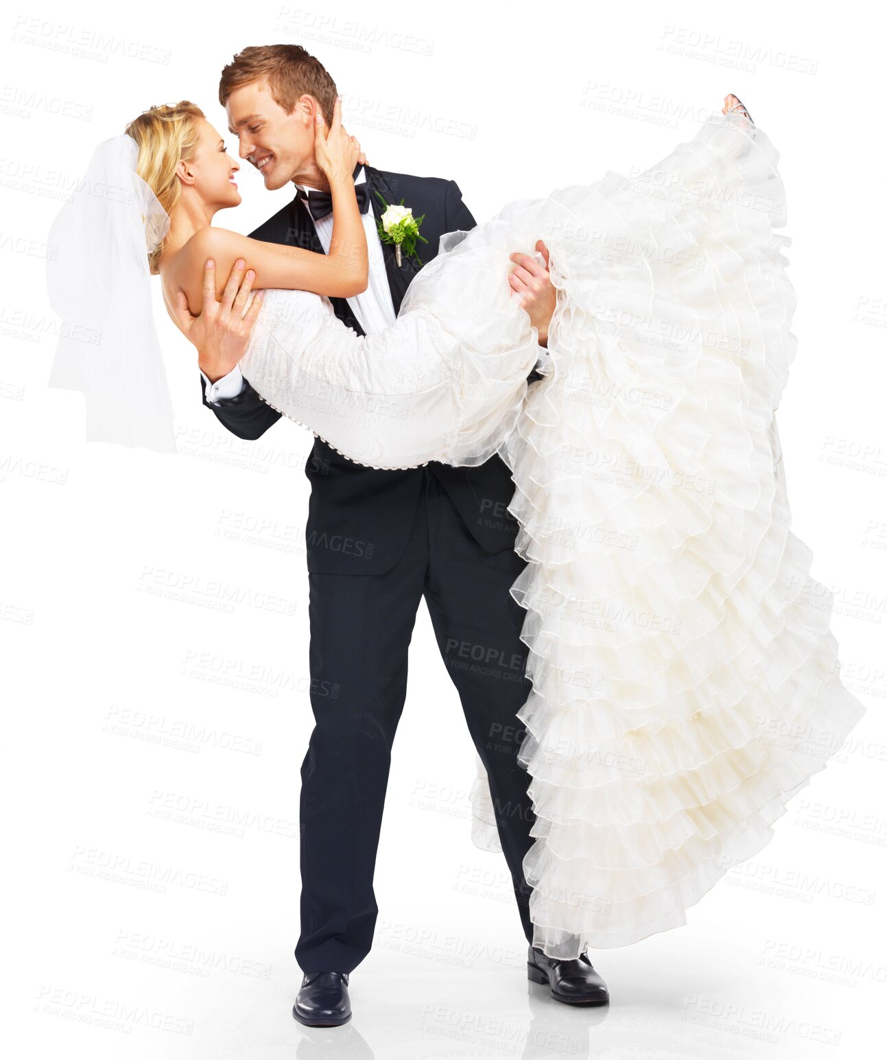 Buy stock photo Bride, groom and wedding, couple and love with commitment and trust isolated on png transparent background. Man carrying woman, life partner and event, romance and marriage, happiness and embrace