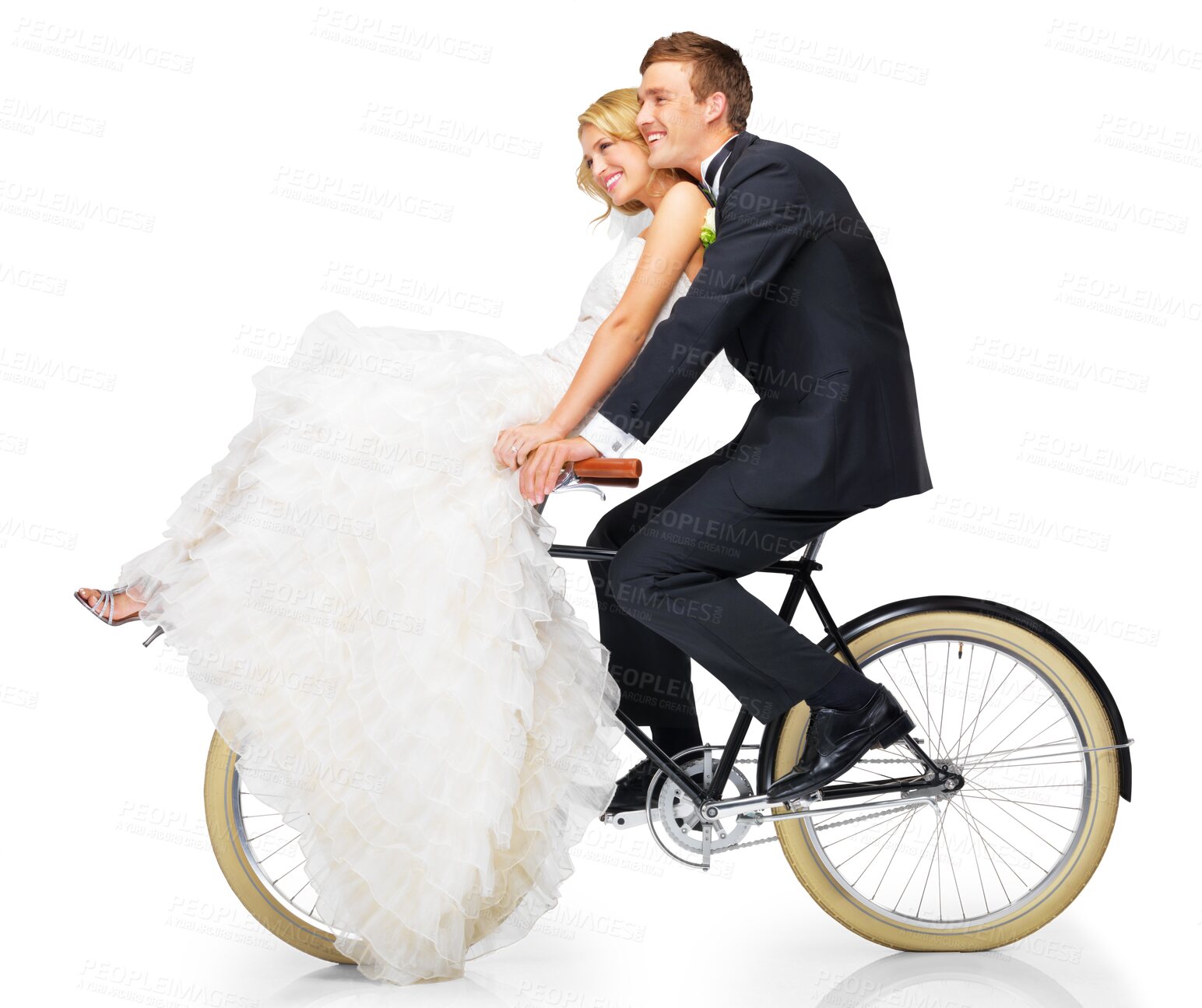 Buy stock photo Happy, love and wedding with couple on bicycle on png for celebration, marriage and cycling. Vintage, event and happiness with man and woman in bike isolated on transparent background for romance