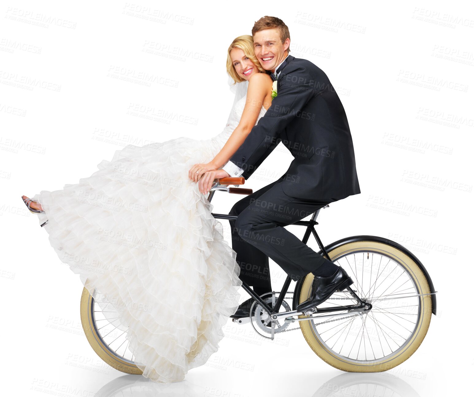 Buy stock photo Portrait, love and wedding with couple on bicycle on png for celebration, marriage and cycling. Vintage, event and happiness with man and woman in bike isolated on transparent background for romance