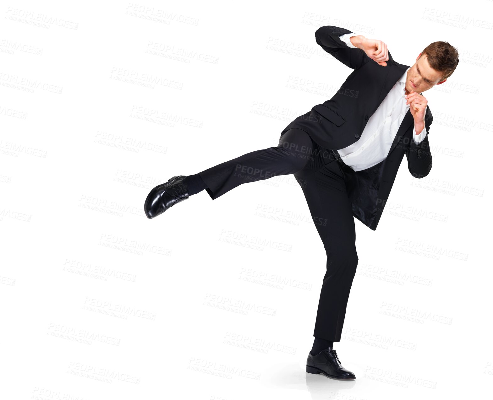 Buy stock photo Business man, karate and kick with fight and kickboxing training for spy agent job. Suit, professional and tuxedo with martial arts and workout for career isolated on a transparent, png background
