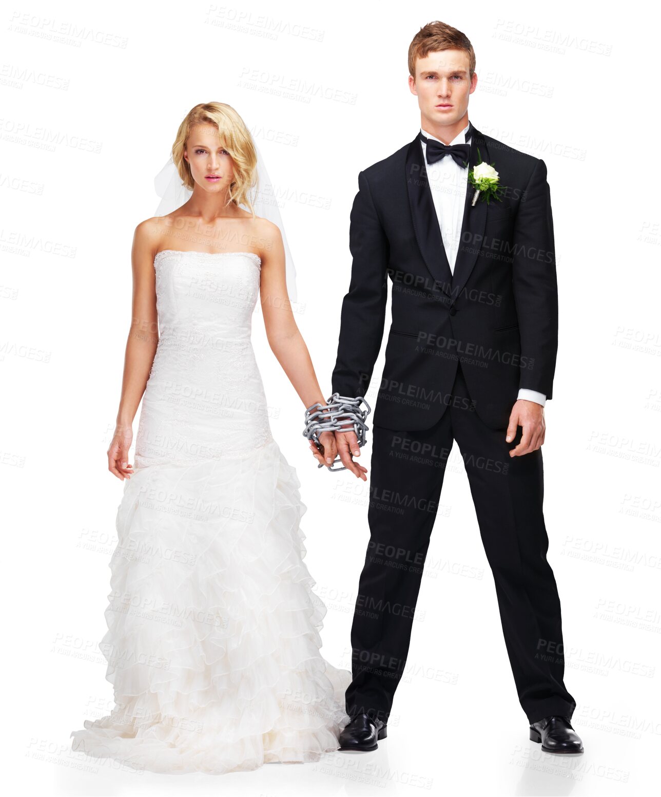 Buy stock photo Marriage, chain and portrait of couple with force, trap and wedding prisoner. Young people and depression of bride with groom and fear of commitment stress isolated on a transparent, png background
