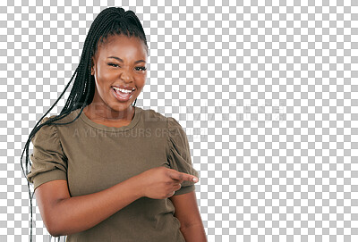 Buy stock photo Pointing, presentation and deal with portrait of black woman on png for offer, news and show. Happy, promotion and announcement with person isolated on transparent background for information