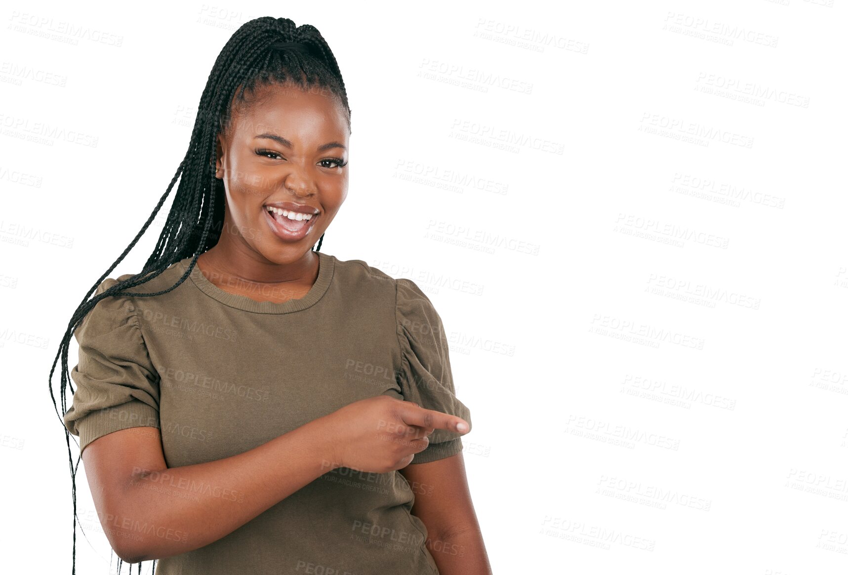 Buy stock photo Pointing, presentation and deal with portrait of black woman on png for offer, news and show. Happy, promotion and announcement with person isolated on transparent background for information