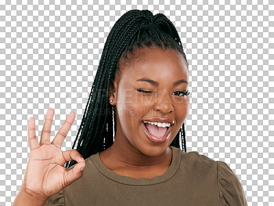 Buy stock photo Wink, okay and smile with portrait of black woman on png for support, motivation and achievement. Yes, winner and success with person isolated on transparent background for emoji, like or good deal 