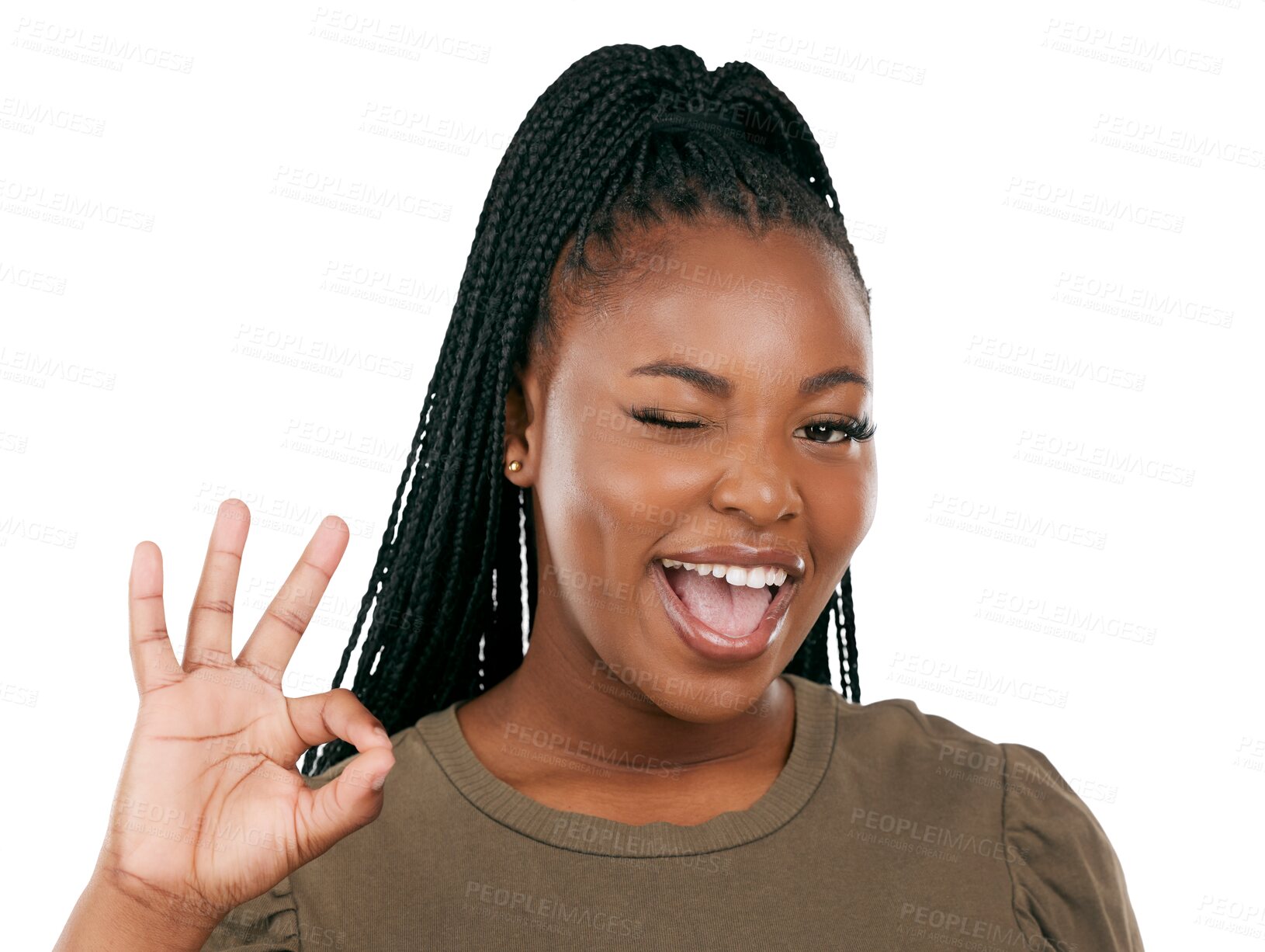 Buy stock photo Wink, okay and smile with portrait of black woman on png for support, motivation and achievement. Yes, winner and success with person isolated on transparent background for emoji, like or good deal 