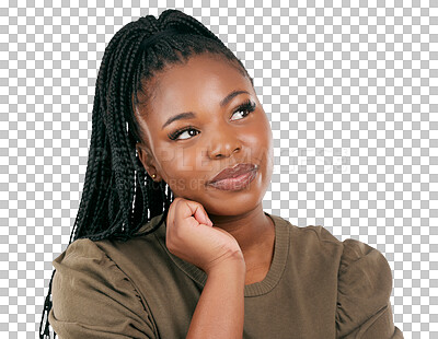 Buy stock photo Thinking, idea and questions with face of black woman on png for doubt, confused and inspiration. Future, planning and mind with person isolated on transparent background for brainstorming and memory