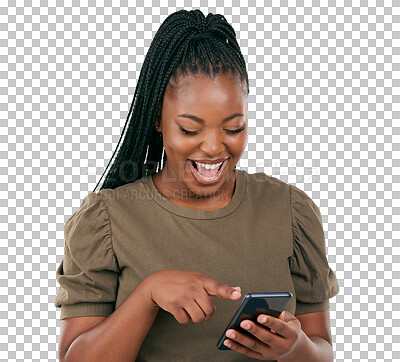 Buy stock photo Wow, funny and happy with black woman and phone on png for news, social media or notification. Meme, website or communication with person isolated on transparent background for laughing and internet