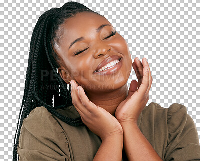 Buy stock photo Black woman, happy face and smile relax with casual style, fashion and confidence. Cute, female person and calm African model with pride from Nigeria isolated on transparent, png background
