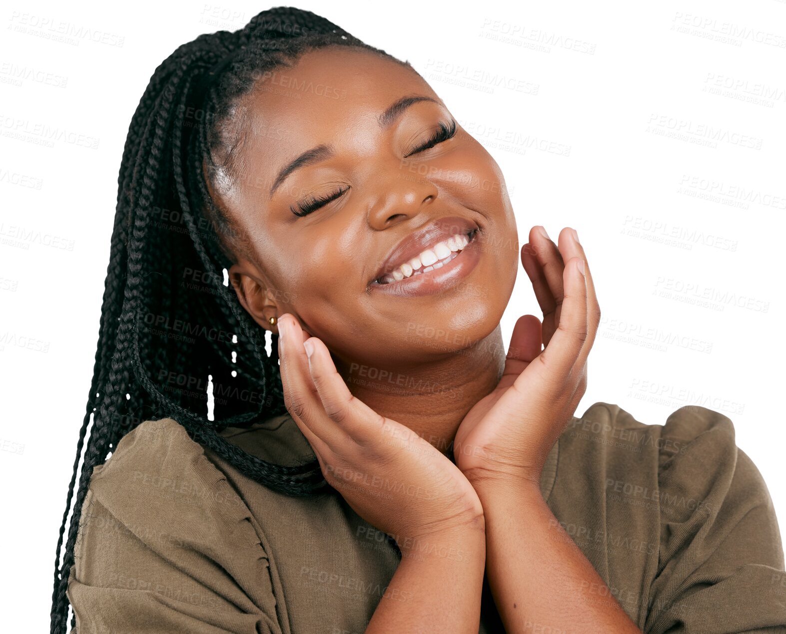 Buy stock photo Black woman, happy face and smile relax with casual style, fashion and confidence. Cute, female person and calm African model with pride from Nigeria isolated on transparent, png background
