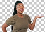 Mockup, portrait and black woman palm on studio background, adve