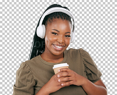 Headphones, black woman smile and music portrait with coffee of