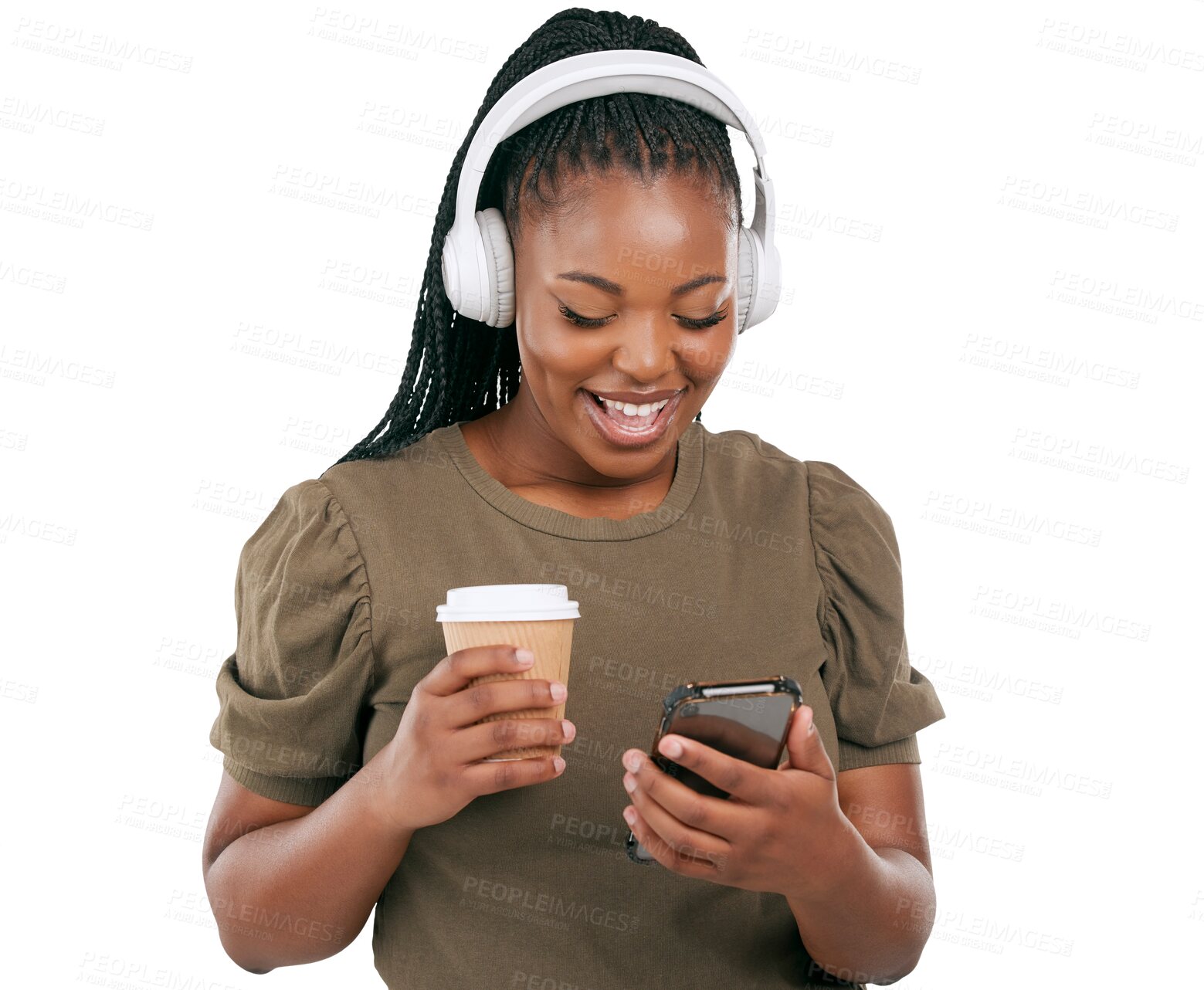 Buy stock photo Headphones, black woman and phone for music with coffee and happy from radio. Excited, African female person and listening with audio streaming, smile and tea isolated on transparent, png background
