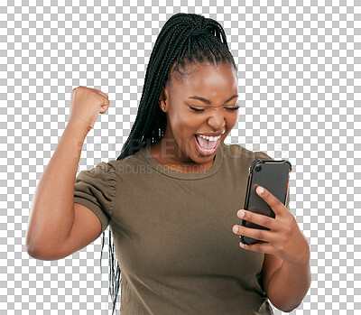 Buy stock photo Success, wow and news with black woman and phone on png for notification, social media and announcement. Happy, winner and giveaway with person isolated on transparent background for promotion