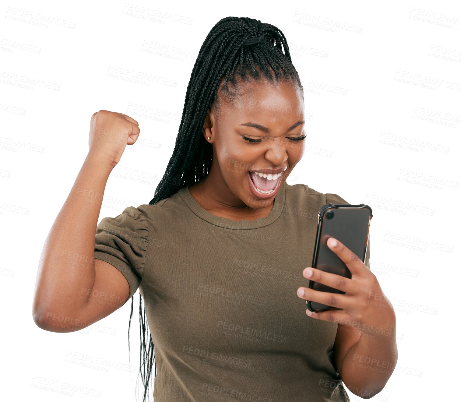 Buy stock photo Success, wow and news with black woman and phone on png for notification, social media and announcement. Happy, winner and giveaway with person isolated on transparent background for promotion