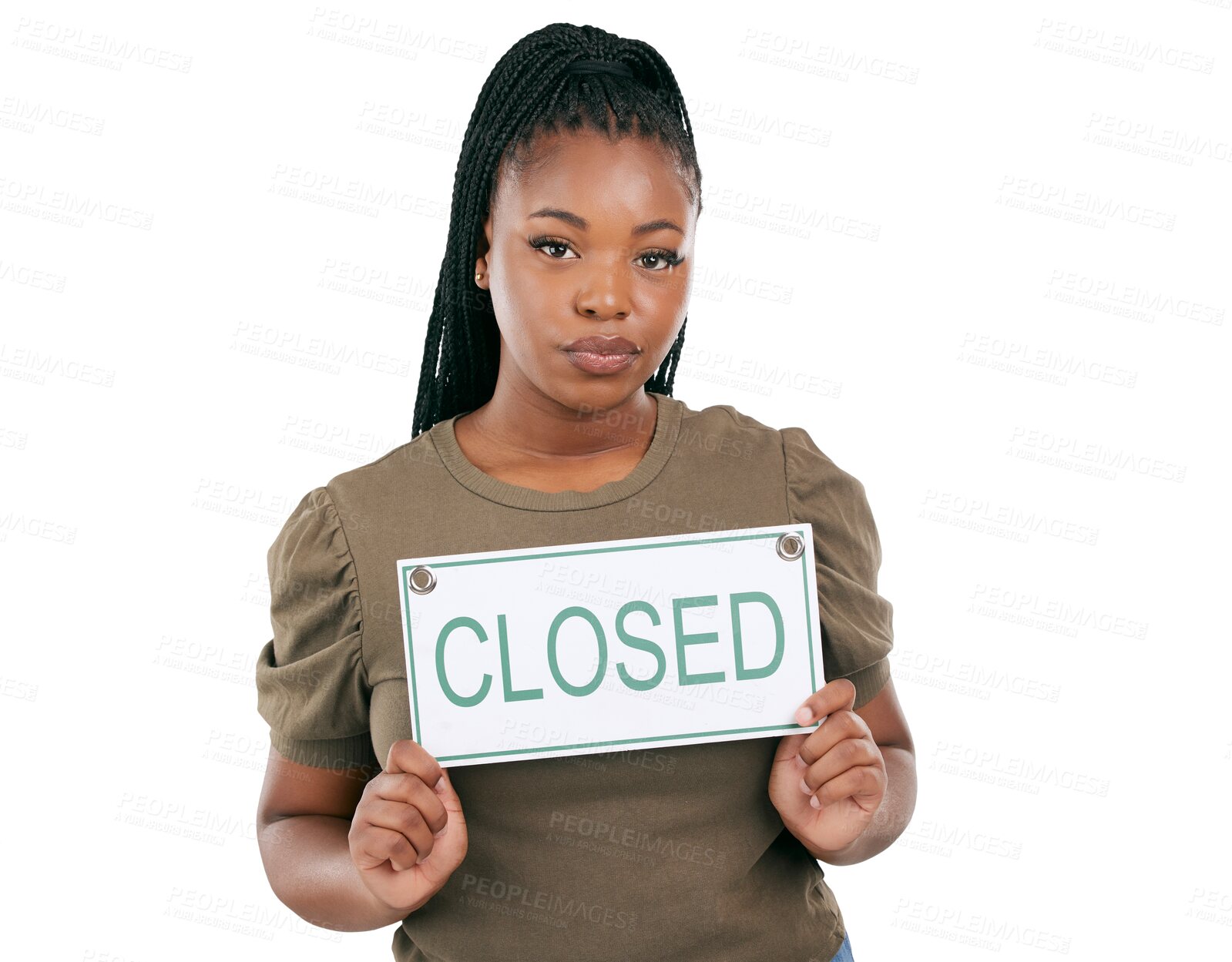 Buy stock photo Closed, small business and sign with portrait of black woman on png for announcement, poster and bankruptcy. Sd, disaster and crisis with person isolated on transparent background for news and fail