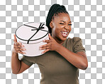 Box, present and portrait of black woman on studio background. H