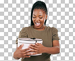 Gift, box and black woman on studio background, present or smile