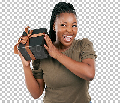 Buy stock photo Box, present and excited black woman with a smile and birthday gift with shake guess. Happy, female person and package surprise from celebration and giving isolated on a transparent, png background
