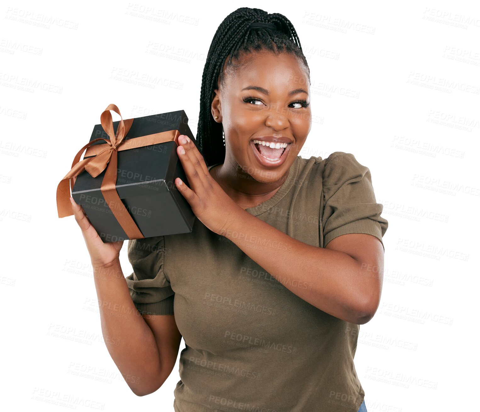 Buy stock photo Box, present and excited black woman with a smile and birthday gift with shake guess. Happy, female person and package surprise from celebration and giving isolated on a transparent, png background
