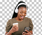 Mobile, music and coffee with a black woman in studio on a beige