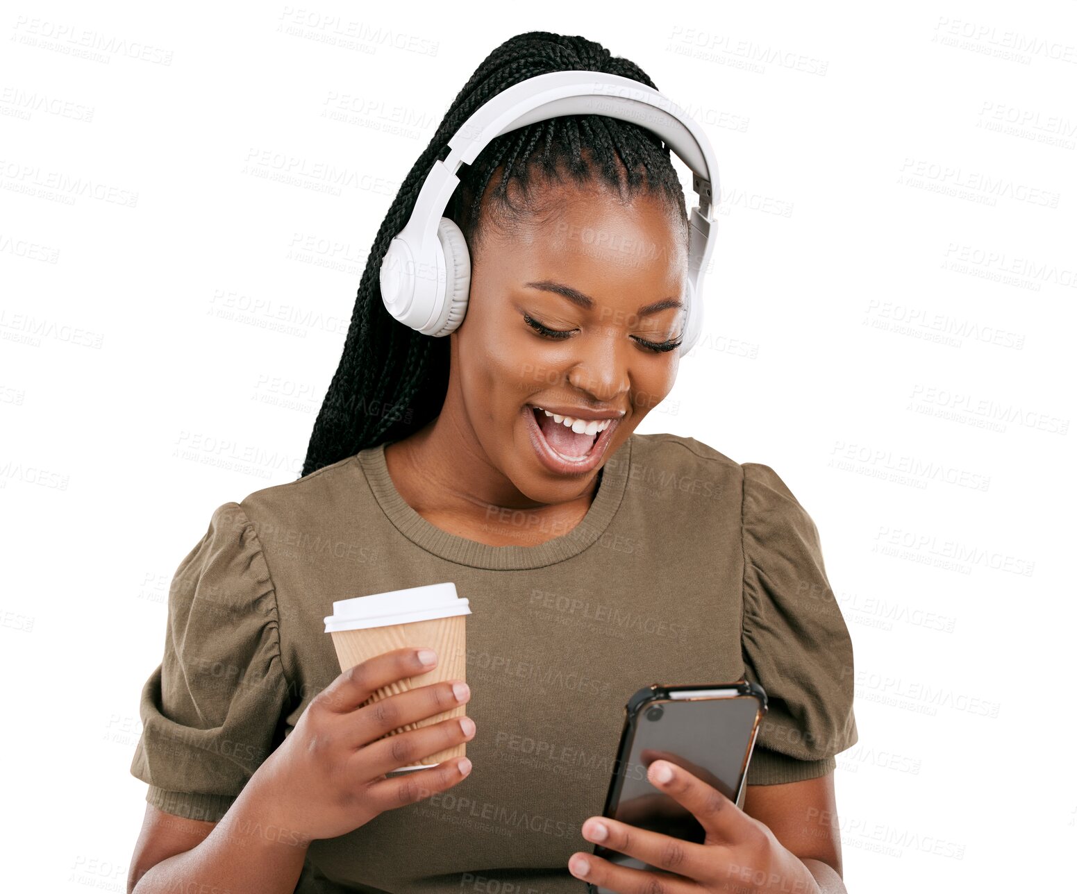 Buy stock photo Phone, headphones or coffee for black woman listening to music, audio pr radio on isolated, transparent and png background. Smile, tea and mobile technology for African person on social media podcast