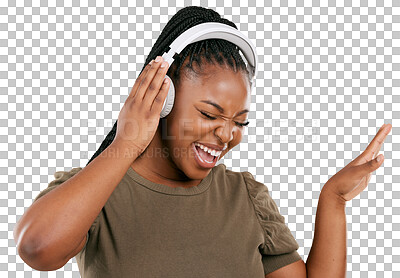 Buy stock photo Headphones, black woman and music with happy dancing and excited from listening radio. Smile, African female person and hearing audio and funny singing isolated on a transparent, png background
