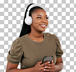 Black woman, phone and headphones with smile for music or entert