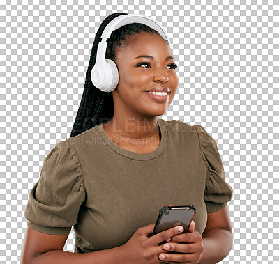 Black woman, phone and headphones with smile for music or entert