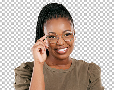 Buy stock photo Eye care, portrait and happy black woman with glasses for eyesight, prescription lens frame or optical vision. Eyeglasses, optometry and face of African person isolated on transparent, png background