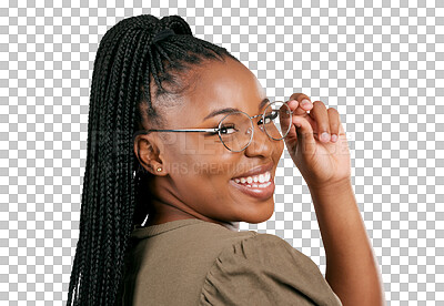 Buy stock photo Eyewear portrait, happiness and black woman with glasses for eyesight, prescription lens frame or vision. Eyeglasses, ophthalmology and face of African person isolated on transparent, png background