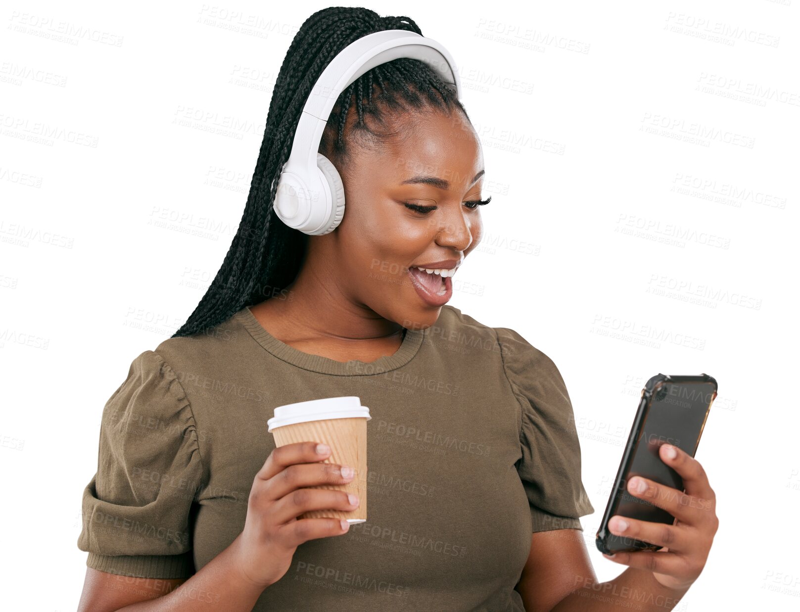 Buy stock photo Music, coffee and surprise on smartphone, black woman listen to music isolated on png transparent background. Wow, headphone and female person using phone, social media and audio streaming with drink