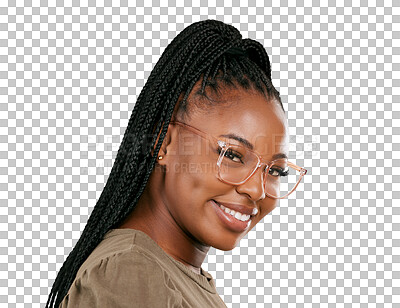 Buy stock photo Black woman, glasses portrait and smile with vision and casual style with gen z fashion and confidence. Happy, female person and African model from Nigeria isolated on transparent, png background
