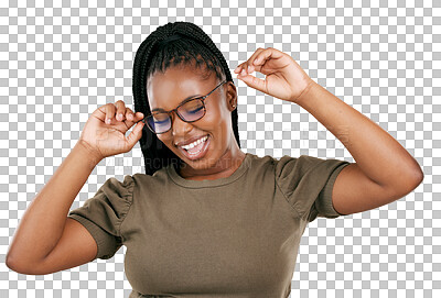 Buy stock photo Eyewear, smile or black woman celebrate glasses for eyesight, prescription lens frame or excited for retail product choice. Eyeglasses, optics or excited African person on transparent, png background