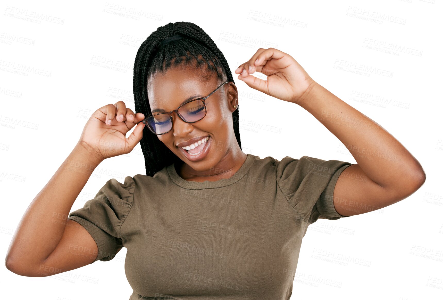 Buy stock photo Eyewear, smile or black woman celebrate glasses for eyesight, prescription lens frame or excited for retail product choice. Eyeglasses, optics or excited African person on transparent, png background