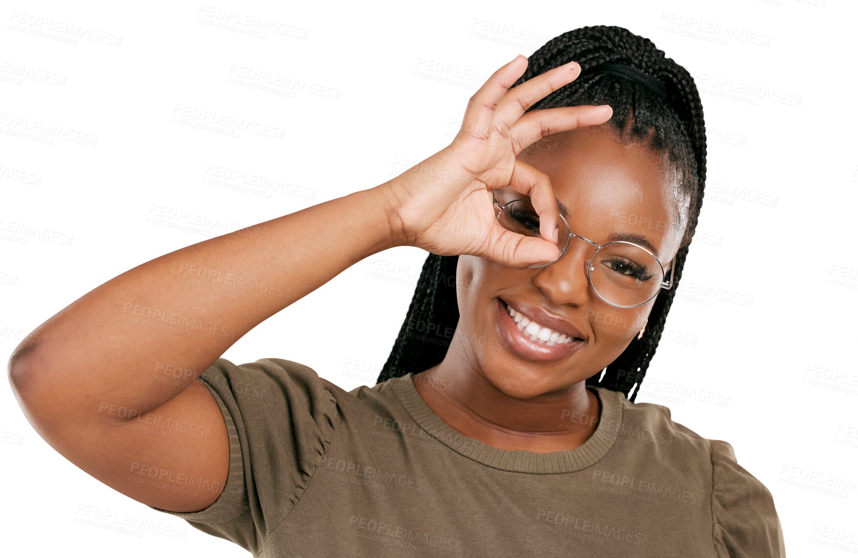 Buy stock photo Okay hands, portrait and woman isolated on transparent png background for vote, good review and trust. Happy african model show ok for success, agreement and sign for support, yes emoji and thank you