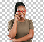 Portrait, glasses or black woman with smile, leadership or confi