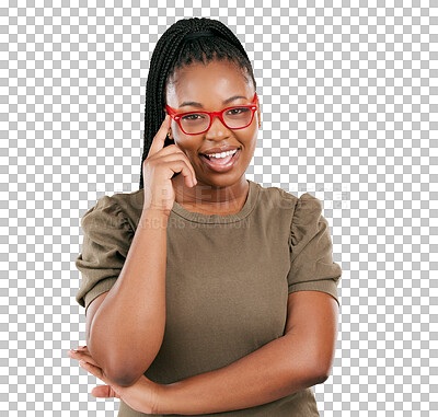 Buy stock photo Black woman, glasses and vision, eye care and portrait with prescription lens isolated on png transparent background. Female person, red frame and cosmetic designer eyewear with smile and optometry