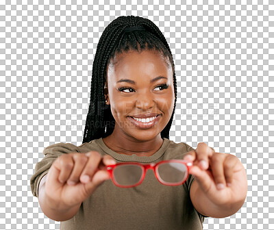 Buy stock photo Glasses, black woman or frame choice for vision, eye care or wellness on isolated, transparent and png background. Happy customer, hands or African person showing prescription lens for health support