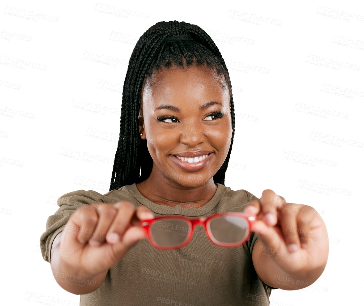 Buy stock photo Glasses, black woman or frame choice for vision, eye care or wellness on isolated, transparent and png background. Happy customer, hands or African person showing prescription lens for health support