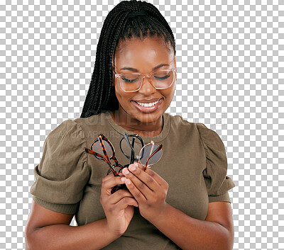 Buy stock photo Black woman, glasses choice and eye care, vision and prescription lens isolated on png transparent background. Female person, designer eyewear and health for eyes with decision, frame and optometry