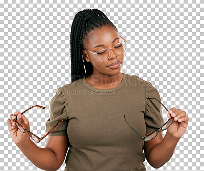 Buy stock photo Black woman, glasses decision and vision, eye care and prescription lens isolated on png transparent background. Female person thinking of choice, frame and cosmetic designer eyewear with optometry