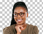 Black woman, glasses and happy person in a studio with eyecare,