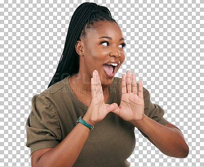 Buy stock photo Happy, excited and news with black woman and shouting on png for wow, secret and announcement. Promotion, information and gossip with person isolated on transparent background for voice and surprise