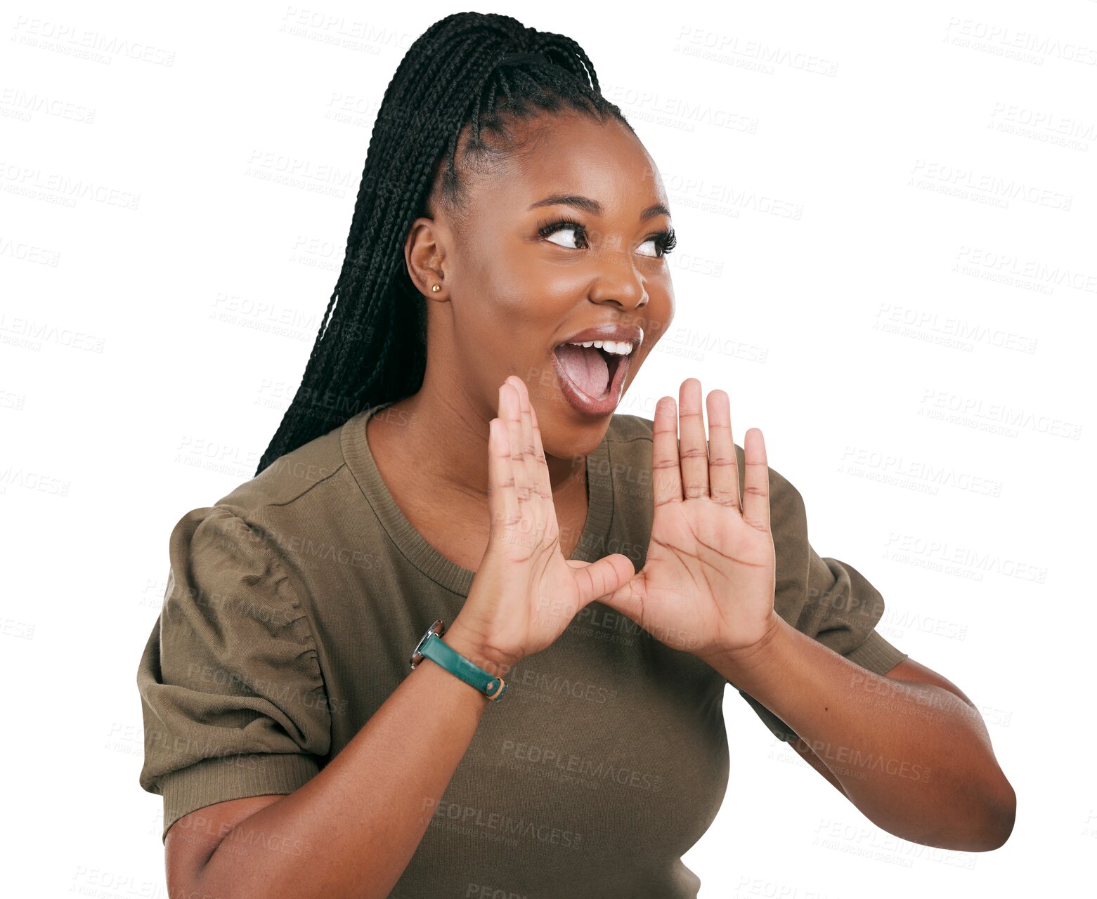 Buy stock photo Happy, excited and news with black woman and shouting on png for wow, secret and announcement. Promotion, information and gossip with person isolated on transparent background for voice and surprise