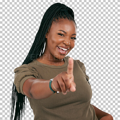 Buy stock photo Selection, smile and touching portrait of black woman isolated on transparent png background. Happy, excited and African person face with hands gesture for interactive decision and choice pointing