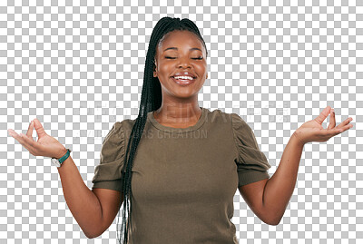 Buy stock photo Happy black woman, meditation and mindfulness with lotus pose and zen isolated on png transparent background. Female person, peace and calm with wellness, healing and balance with yoga and health