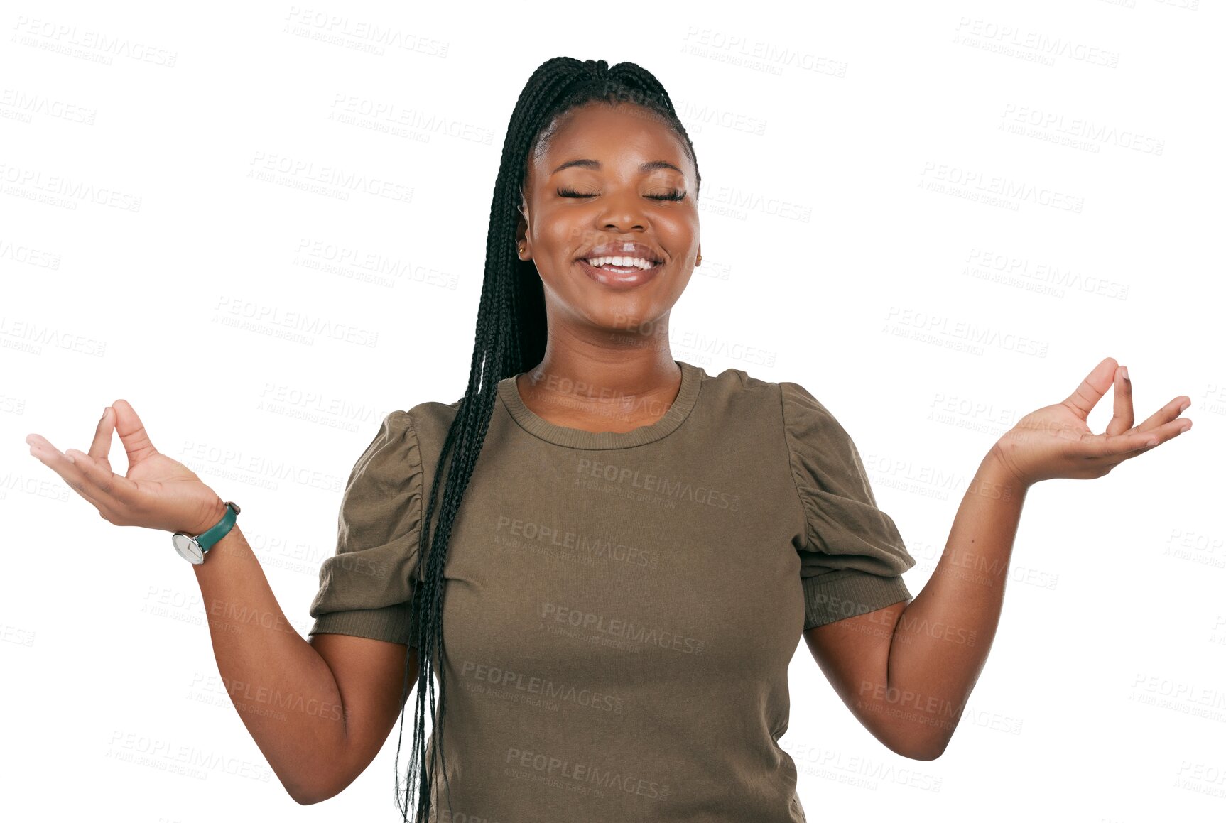 Buy stock photo Happy black woman, meditation and mindfulness with lotus pose and zen isolated on png transparent background. Female person, peace and calm with wellness, healing and balance with yoga and health
