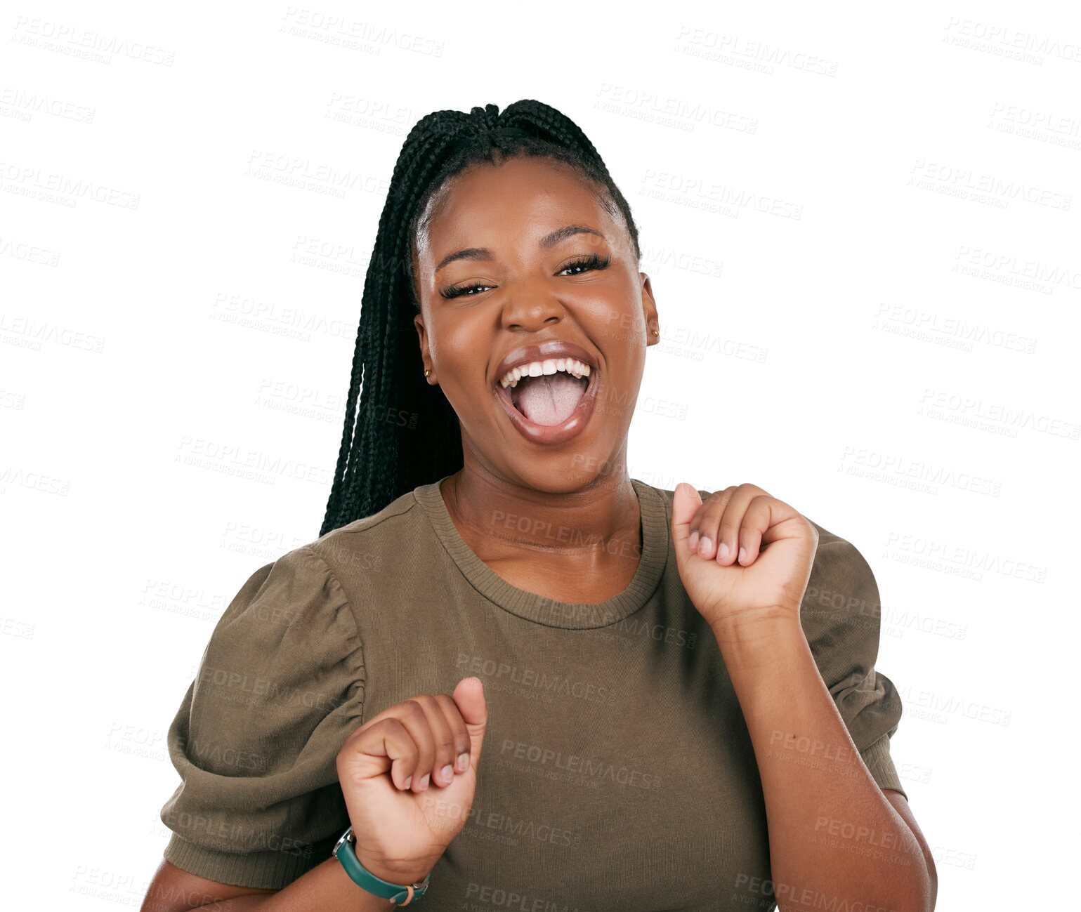 Buy stock photo Black woman, excited portrait and fun dancing with casual style, fashion and confidence. Happy, female person and African model smile with fun from Nigeria isolated on transparent, png background
