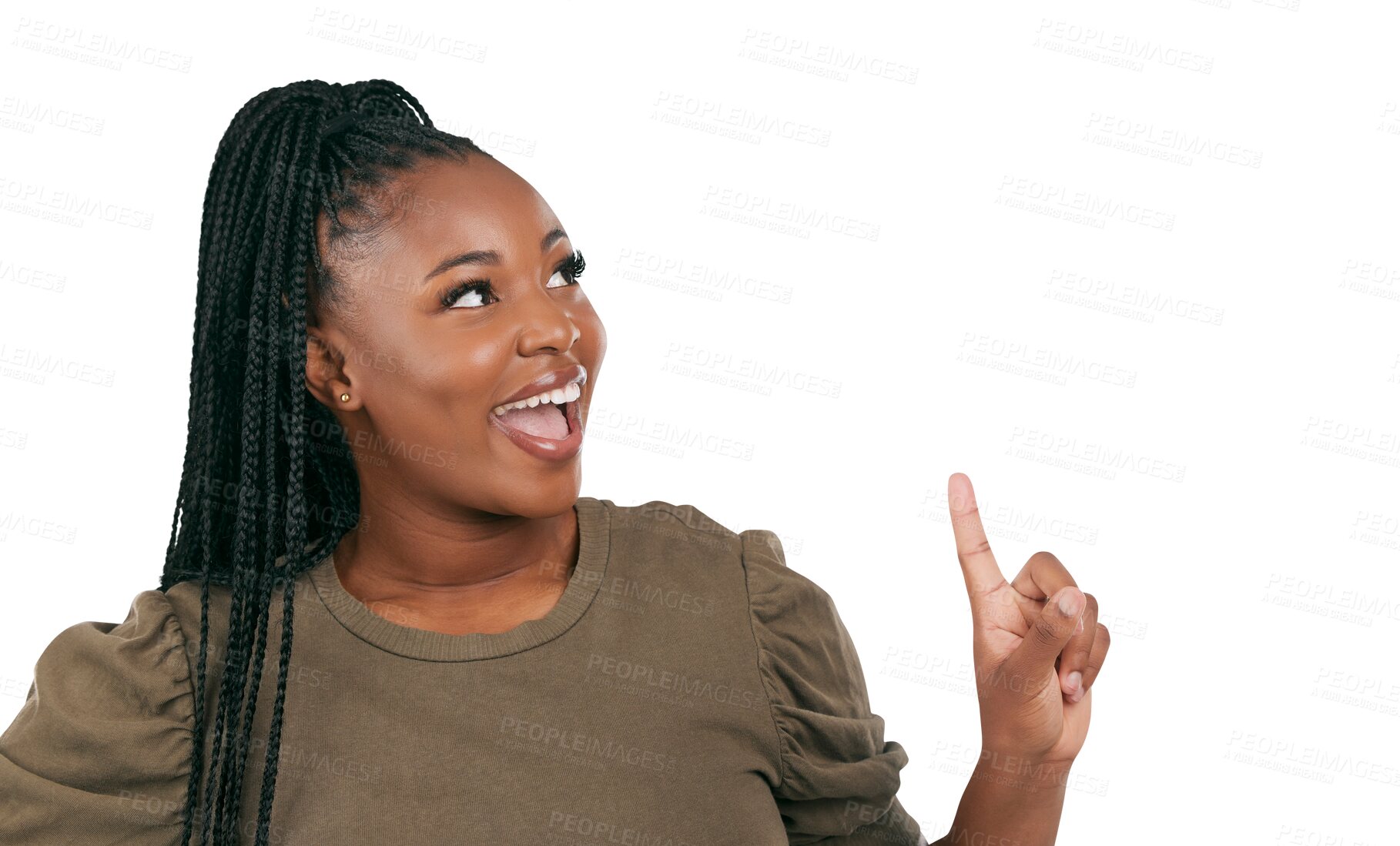 Buy stock photo Smile, presentation and deal with black woman and pointing up on png for offer, news or show. Happy promotion and announcement of person isolated on transparent background for excited and information